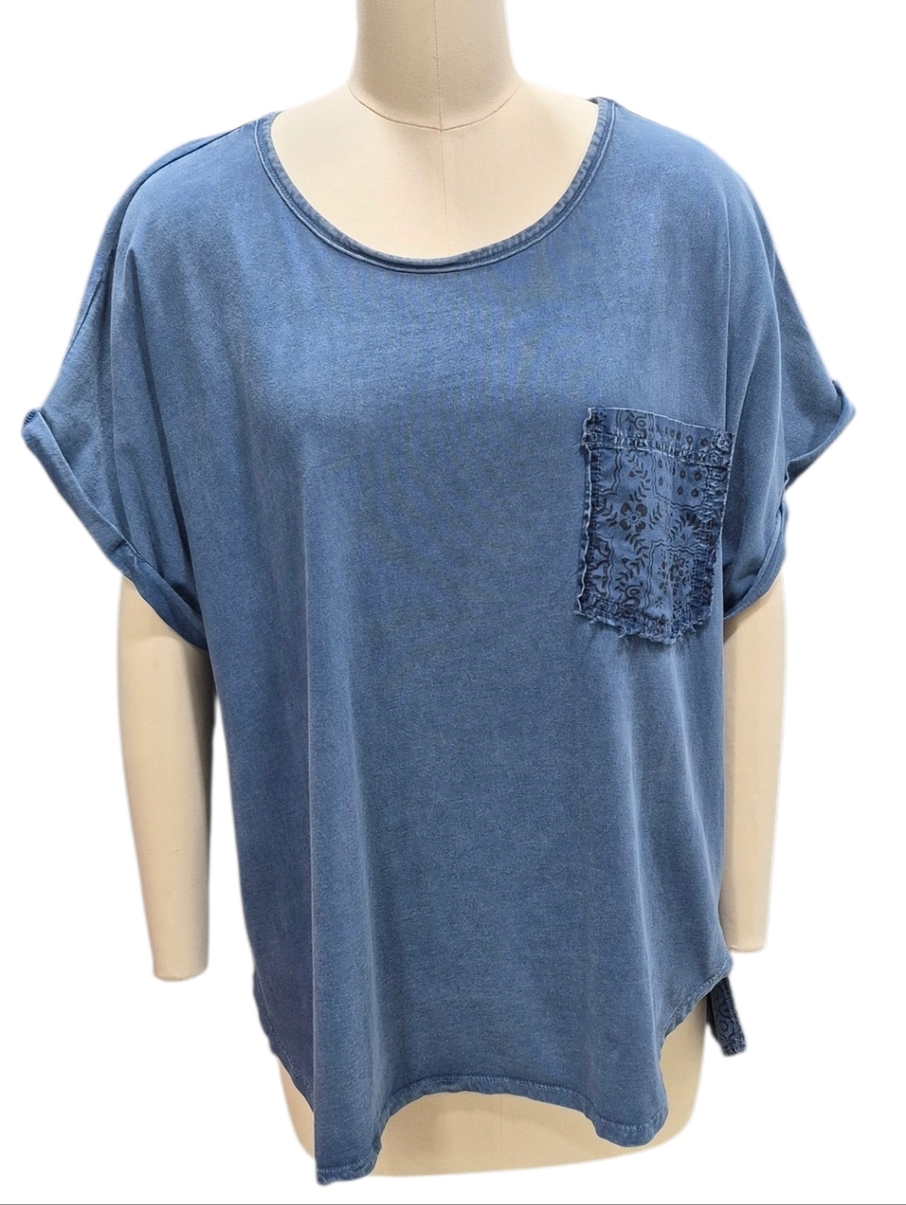 Easel top women's large denim-look blue mixed media boxy faded oversized Boho